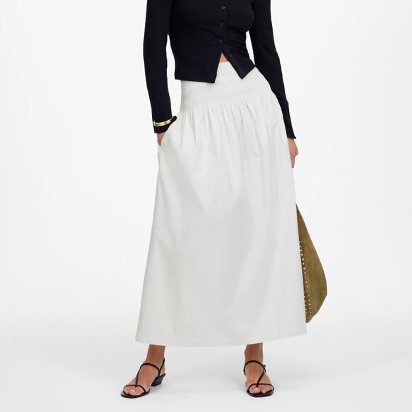 Madewell Smocked Waist Cotton Poplin Relaxed Midi Skirt White Size M NWT - Picture 1 of 11